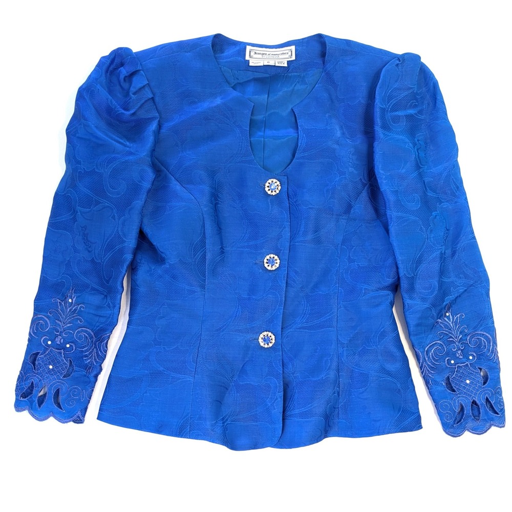 Images of Many Colors by Lucrezia Blue Silk Jacquard Blazer Rhinestone Button 6